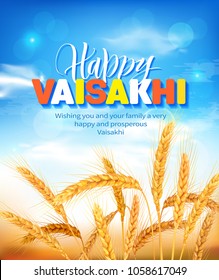 Greeting background with wheat field for Punjabi harvest festival Vaisakhi (Baisakhi). Vector illustration.