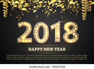 Greeting Banner the 2018 New Year Count Symbol with Light Bulbs, vector