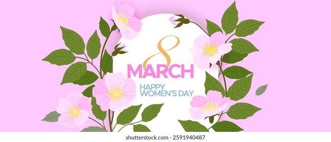 Greeting banner for 8 March with Rosehip branches with flowers on pink background