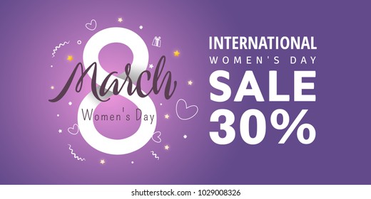 Greeting banner with 8 number, stars.  International Women's Day - 30 percent discount