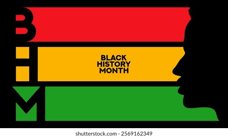 Greeting banner for Black History Month. Vector card with head silhouette and stripes colored Black History Month colors. African-American History Month banner for card, poster and social media ad.