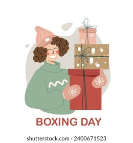 Greeting banner for Boxing Day. The girl holds Christmas presents in her hands. Festive winter template. Vector