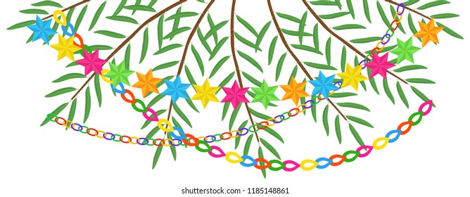 Greeting banner with branches of date palm, garlands and stars, design element for Jewish holiday of Sukkot, copy space, Happy Sukkot