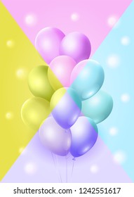 Greeting banner with a Bunch of Pearl Helium Balloons floating on colorful background. Glossy 3D Balloon for Valentines day, Birthday, wedding, sale poster. Vivid vector illustration in pastel colors