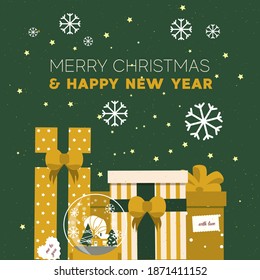 Greeting banner concept. Gift box, snowflake, snow globe, christmas tree ball. Modern flat illustration, trend color.