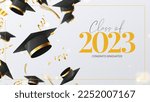 Greeting banner for design of graduation 2023. Falling graduation caps, golden confetti and serpentine. Congratulations graduates of 2023. Vector illustration for decoration social media, banners.
