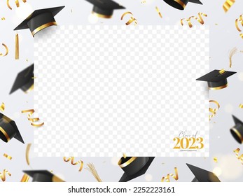 Cartel de bienvenida para el diseño de la graduación 2023. Caída de los tapones de graduación, confeti y serpentina. Pancarta vectorial con lugar para foto de graduación para decoración de medios sociales, carteles, afiches.