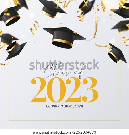 Greeting banner for design of graduation 2023. Falling graduation caps, golden confetti and serpentine. Congratulations graduates of 2023. Vector illustration for decoration social media, banners.