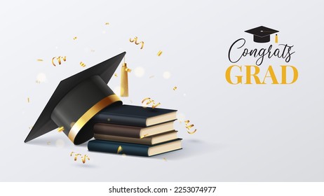 Greeting banner for design of graduation. 3d graduation cap, books, golden confetti and serpentine. Congratulations graduates. Vector illustration for decoration social media, banners.