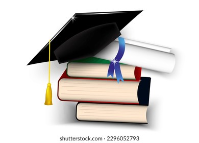 Greeting banner for design of graduation. 3d graduation cap, books, and graduation scroll. Congratulations graduates.Vector illustration.
