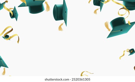 Greeting banner for design of graduation  Falling graduation caps, golden confetti and serpentine. Congratulations graduates 