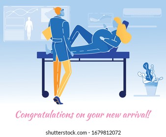 Greeting Banner Design with Motherhood Congratulations. Cartoon Pregnant Woman Lying on Examination Table. Doctor Analyzing Test Results. Childbirth Preparation. Vector Flat Illustration