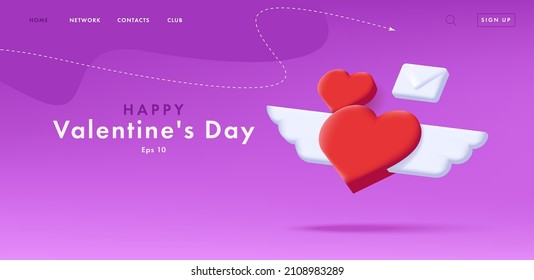 Greeting banner with digital isometric 3d icon with flying hearts with wings and love letter envelope on purple backdrop