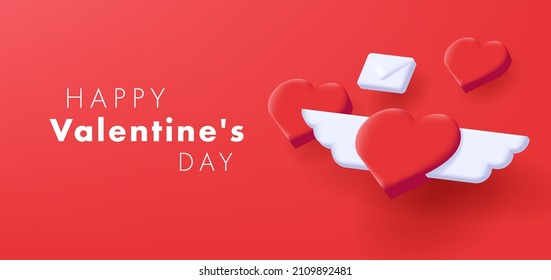 Cartel de bienvenida con icono digital isométrico 3d de corazones voladores con alas y sobre carta de amor sobre fondo rojo