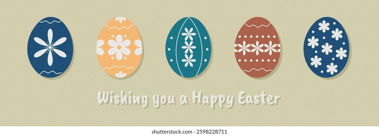 Greeting banner for Easter day in simple minimalistic style with eggs, flowers. Vector illustration.