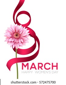 Cartel de bienvenida con flor gerbera y cinta. 8 de marzo - Día Internacional de la Mujer. Ilustración del vector EPS10