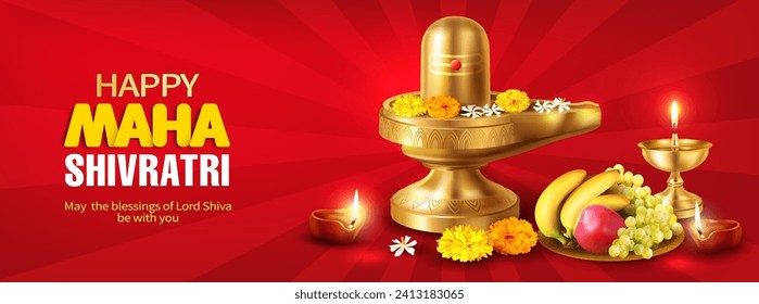 Greeting banner with gold Shivling (Lingam) and prasad (offering) for Maha Shivratri, a Hindu festival celebrated of Lord Shiva. Vector illustration.