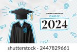 Greeting banner of graduation 2024. Vector collage with graduation cap and gown on torn notebook leaf and crumpled paper. Graduation collage for decoration social media, poster, degree ceremony.