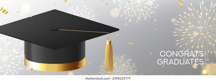 Cartel de bienvenida para la graduación. Ilustración vectorial con gorra de graduación, confiti dorado y fuegos artificiales brillantes para la decoración de la ceremonia de grados. Diseño de felicitaciones a los graduados.