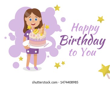 Greeting Banner. Happy Birthday to You. Cartoon Girl Character Holding Festive Cake Decorated Waffle Cone, Macaroon and Cream Topping. Stars and Sweet Pink Bubbles Design. Vector Flat Illustration