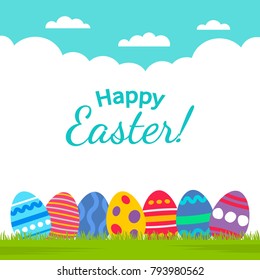Greeting banner or happy Easter card. Set of colored Easter eggs on the grass. vector illustration isolated illustration