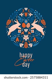 Greeting banner to Happy Easter Day. Easter card template with circle composition of rabbits, leaves, spring flowers, snowdrops, berries, hearts. Vector decorative illustration with botanical elements