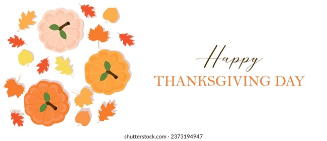 Greeting banner for Happy Thanksgiving Day with leaves and pumpk