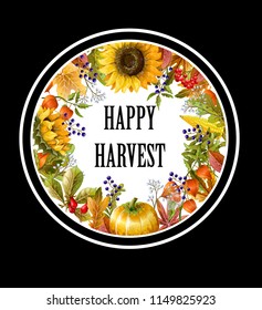 Greeting banner of Harvest holiday with autumn leaves, fruits, berries and vegetables. 