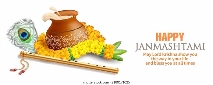 Greeting banner for Hindu festival Krishna Janmashtami (birth of Lord Krishna). Vector illustration.