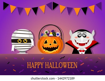 Greeting banner or invitation from a happy Halloween. Funny characters costumes Dracula, the mummy and the orange pumpkin as a bucket of candy on the background of garlands of flags and serpentine