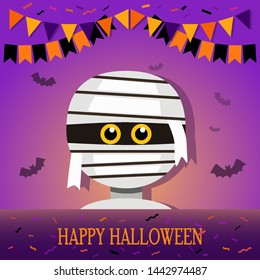 Greeting banner or invitation from a happy Halloween. Funny zombie mummy character on the background of garlands of flags and serpentine