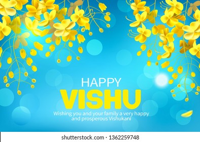 Banderole de voeux avec fleurs de konna (cassia fistula) pour le festival de Nouvel An sud-indien Vishu (Vishukani). Illustration vectorielle.