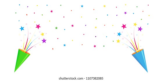 Greeting banner with party crackers, party poppers, multicolored stars and confetti on white background with space for text, design element for holiday and birthday