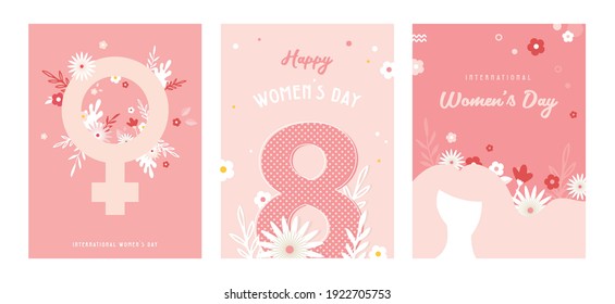 Greeting banner or postcard template for World Women's day. Happy Womens Day card with flowers . Modern floral vector illustration for 8 March celebration. vector illustration