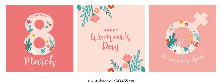 Cartel de saludo o postal para el Día Mundial de la Mujer. Tarjeta feliz Día de la Mujer con flores. Ilustración vectorial floral moderna para la celebración del 8 de marzo. ilustración vectorial