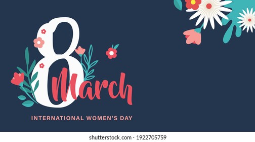 Greeting banner or postcard template for World Women's day. Happy Womens Day card with flowers . Modern floral vector illustration for 8 March celebration. vector illustration
