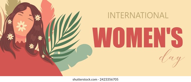 Greeting banner with pretty woman and floral decor on light yell