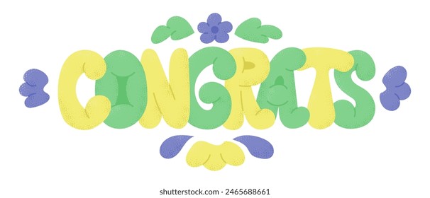 Greeting banner with puffy hand drawn flat characters with dotted texture. Congrats slogan. Vector horizontal typographic illustration in candy pastel colors isolated on white background
