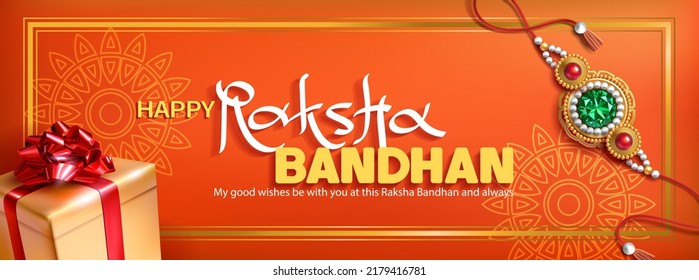 Greeting banner with rakhi (bracelet), and gift for Raksha Bandhan (Bond of protection and care) – Indian festival of sisters and brothers. Vector illustration.