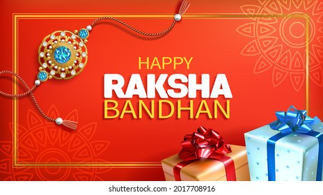 Greeting banner with rakhi (bracelet), and gifts for Raksha Bandhan (Bond of protection and care) – Indian festival of sisters and brothers. Vector illustration.