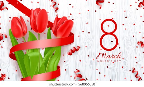 Greeting banner with red tulips. 8 March - International Women's Day. Background with flowers and satin ribbons on wooden texture. Vector illustration with confetti.