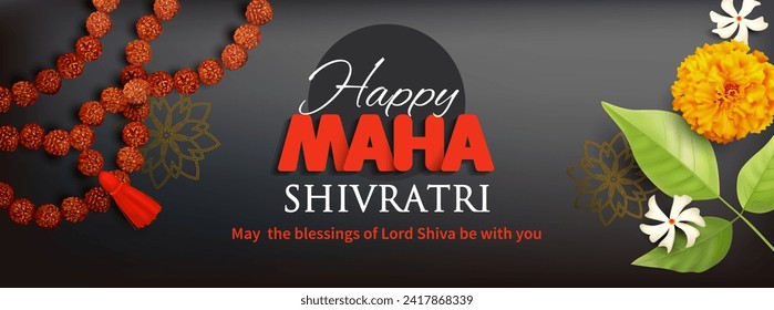 Greeting banner with rudraksha mala (beads), flowers and bilwa leaf for Maha Shivratri, a Hindu festival celebrated of Lord Shiva. Vector illustration. 