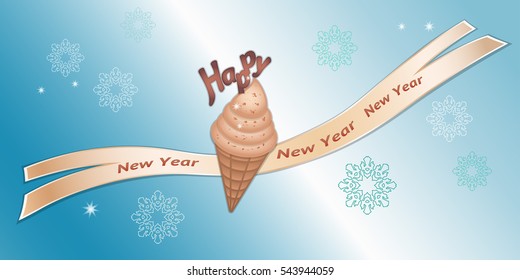 Greeting banner. Strawberry icecream with chocolate decor, ribbon, Happy New Year lettering and snowflakes. Labels for your design. Cream brown colored icons on blue background. Vector