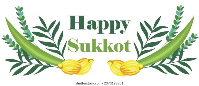 Greeting banner with Sukkot festival symbols on white background