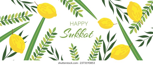 Greeting banner with Sukkot festival symbols on white background