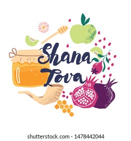 Greeting banner with symbols of Jewish holiday Rosh Hashana, New Year. Shana Tova - Blessing of Happy and sweet new year. Vector illustration design with hand-drawn lettering.