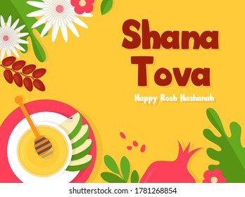 Greeting banner with symbols of Jewish holiday Rosh Hashana, New Year. Shana Tova - Blessing of Happy new year. Vector illustration design