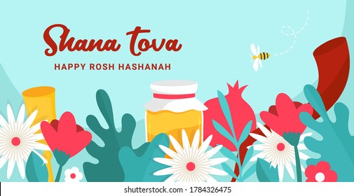 Grußbanner mit Symbolen des jüdischen Urlaubs Rosh Hashana, Neujahr. Shana Tova - Segen des Glücklichen neuen Jahres. Vektorgrafik-Design