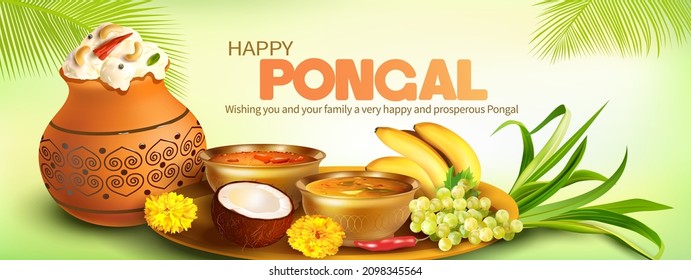 Greeting banner with traditional food and clay pot with rice for Indian harvest festival Pongal (Makar Sankranti). Vector illustration.