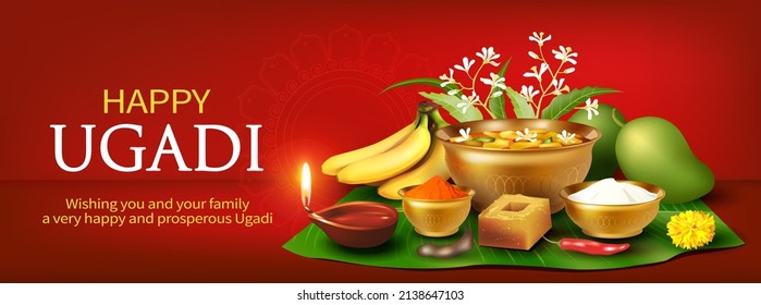 Greeting banner with traditional food pachadi with all flavors for Indian New Year festival Ugadi (Gudi Padwa). Vector illustration.